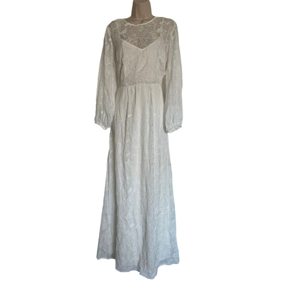 Modcloth “Just The Beginning” White Maxi Dress Lace Long Sleeve Size Large NWT